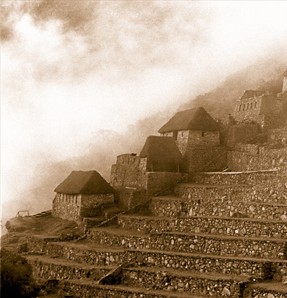 Inca houses at Machu Picchu Peru